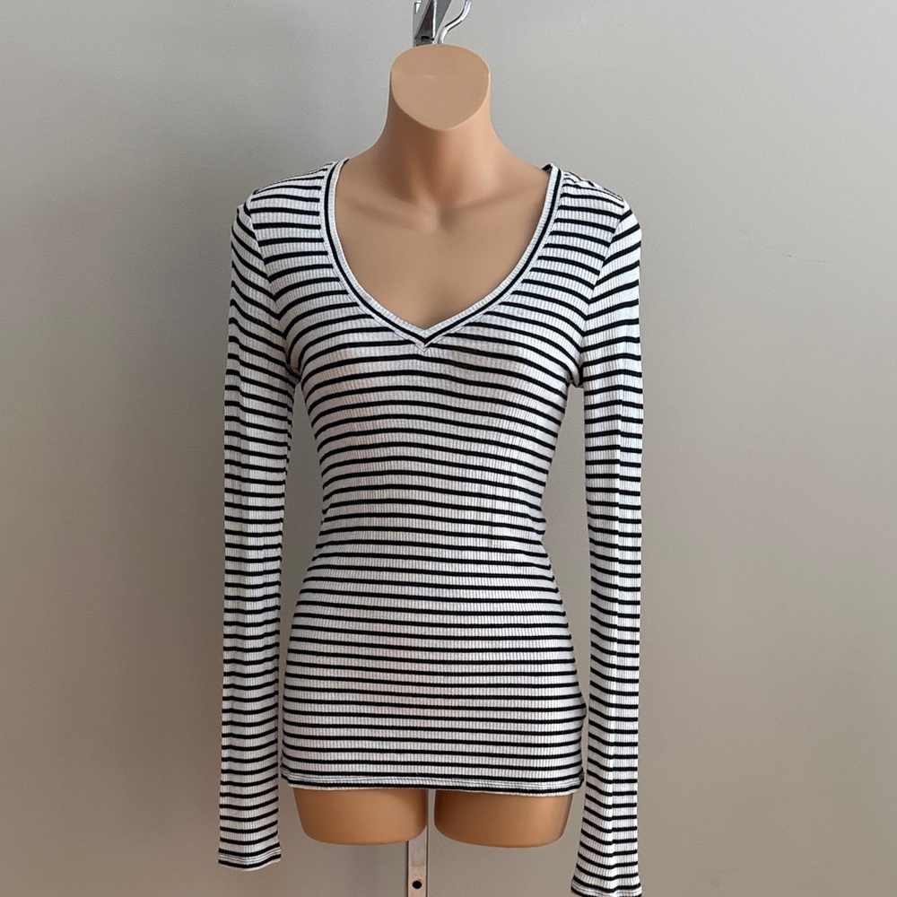Black and White Striped V-Neck Women's Top